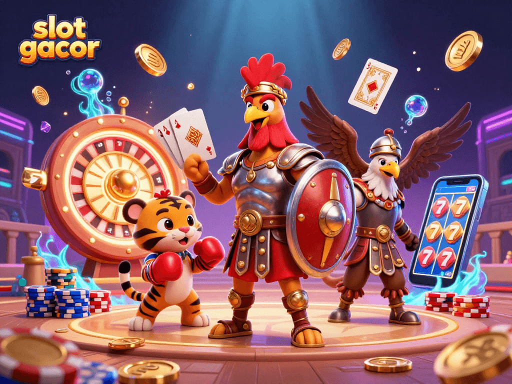 Spin and win at slot gacor with golden coins and vibrant jewels in a dynamic casino scene.