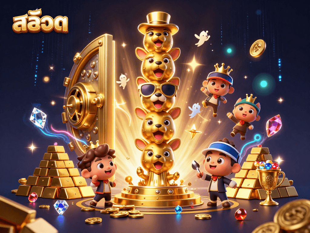 Engage with สล็อต through dynamic 3D visuals of a golden totem and treasures in this vibrant casino scene.
