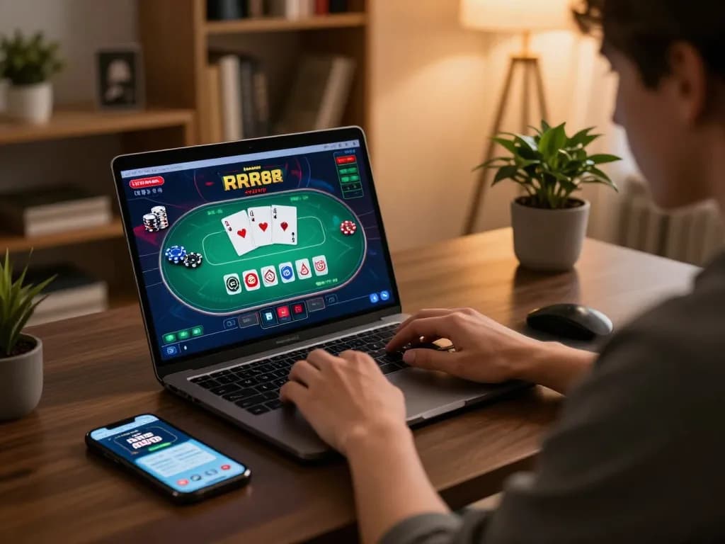 Player enjoying RR88 online gaming session with laptop displaying poker and casino games, creating a strategic gambling atmosphere.
