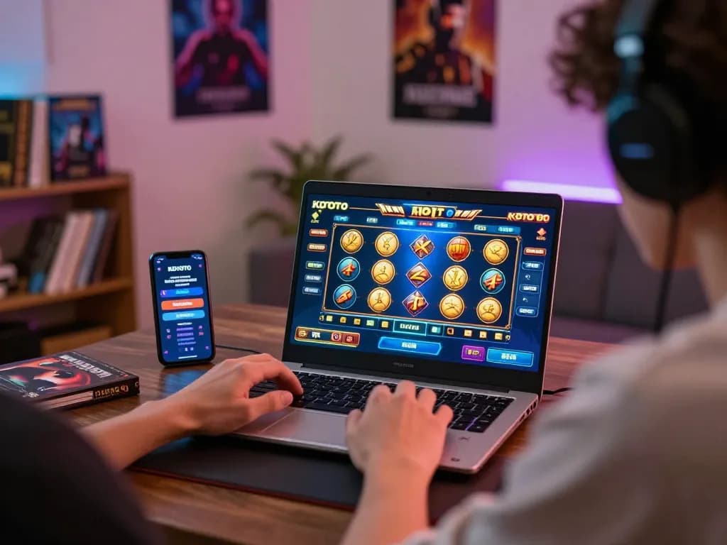 KDTOTO player enjoying an online slot game with engaging visuals and cozy home setup.