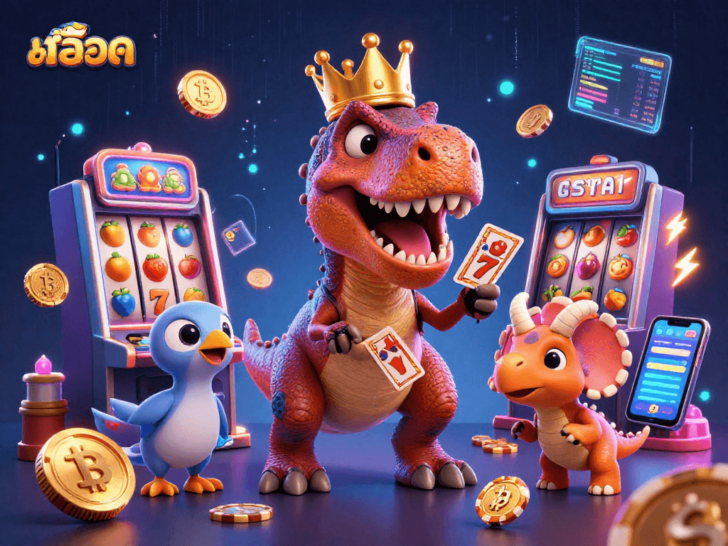 Spin the reels with สล็อต in a vibrant 3D circus featuring a T-Rex, pterodactyl, and triceratops.
