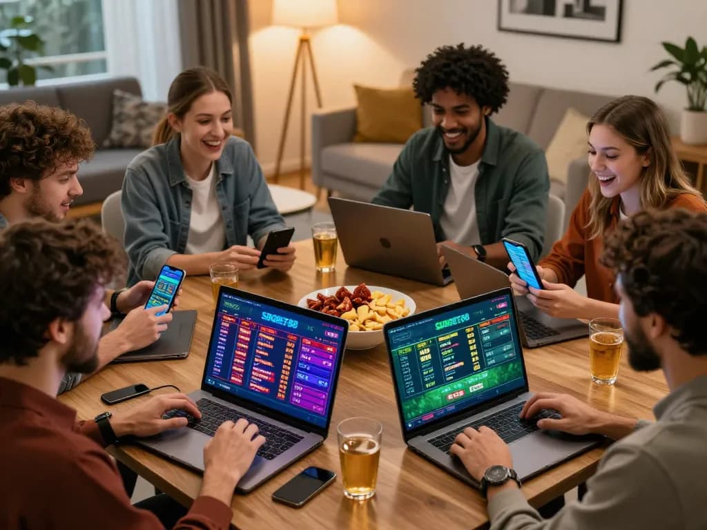 SBOBET88 online betting excitement with players engaging around laptops in a lively home setting.