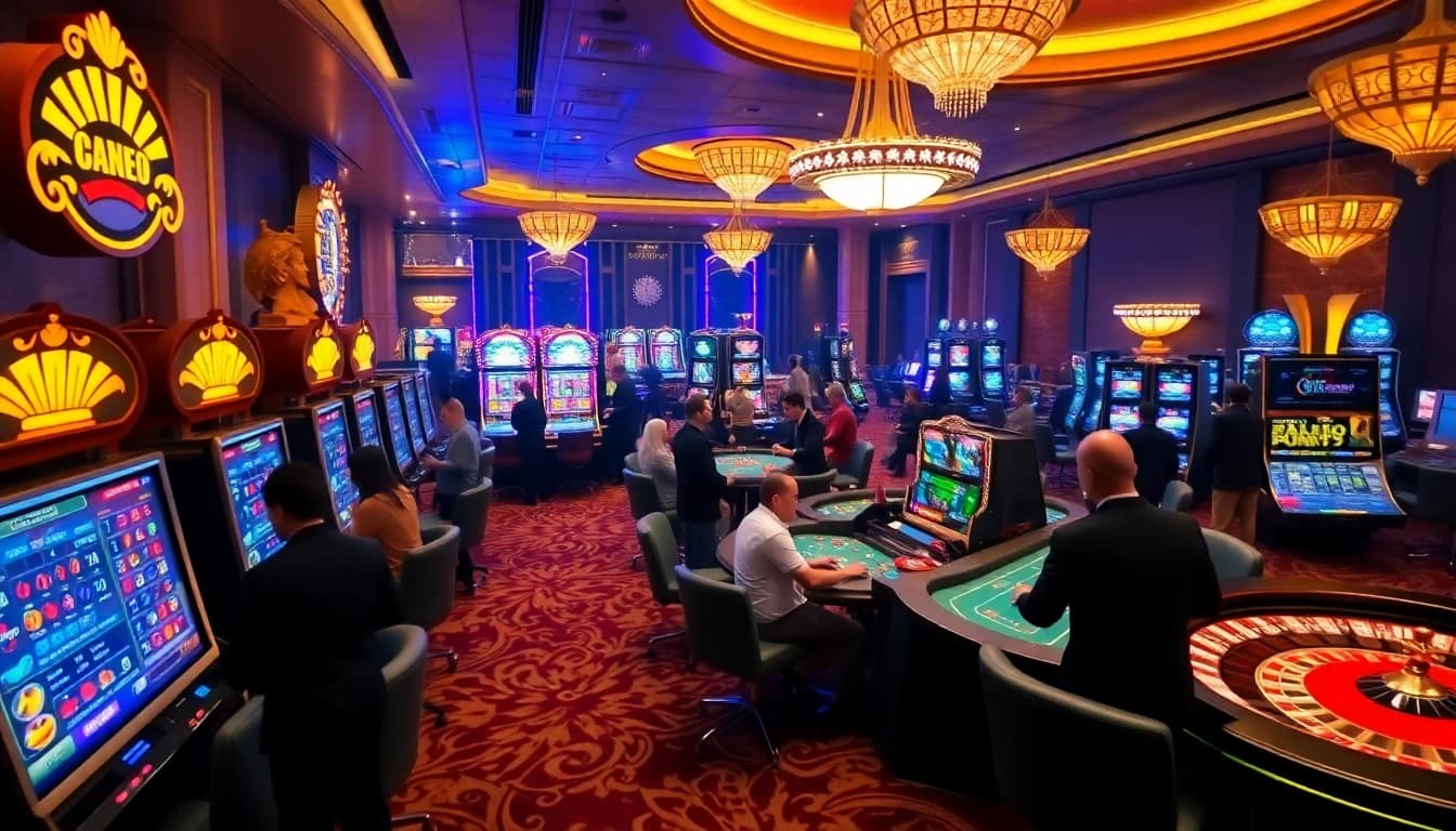 Rajaluck players enjoying a thrilling casino experience with poker tables and vibrant slot machines.