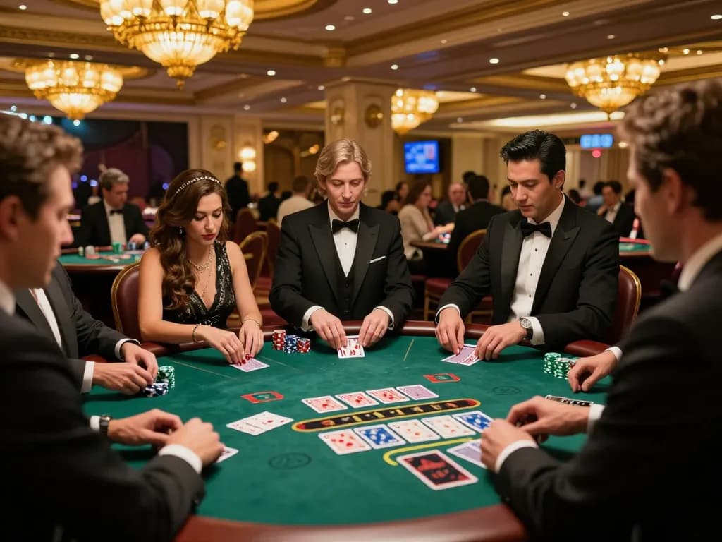 Players engaging in a strategic blackjack game at an upscale casino near mm 88 with classic decor and vibrant atmosphere