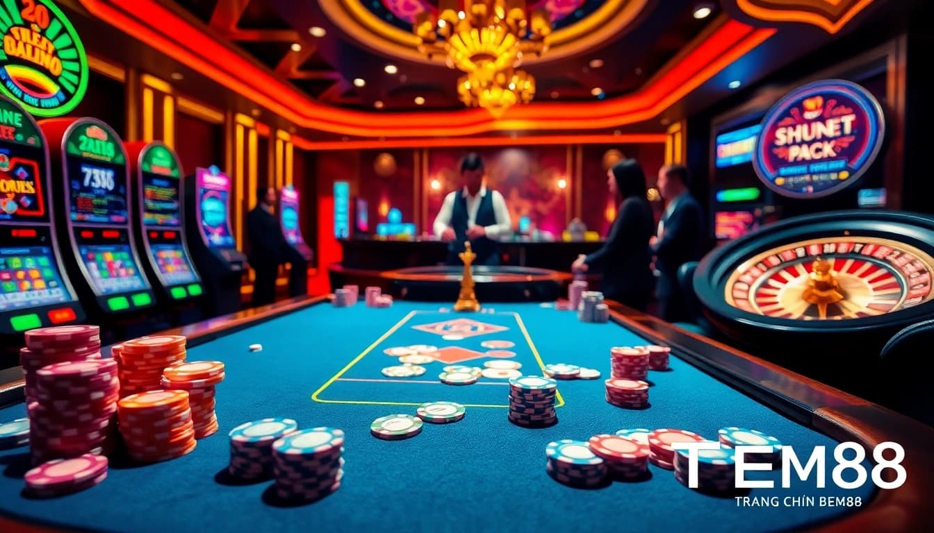 Engaging scene of players at TRANG CHỦ BEM88 casino table, highlighting excitement with colorful chips and cards.
