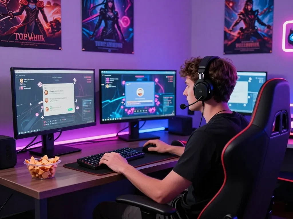 Interactive user engaging in ai sex chat, surrounded by vibrant digital interfaces and neon aesthetic.