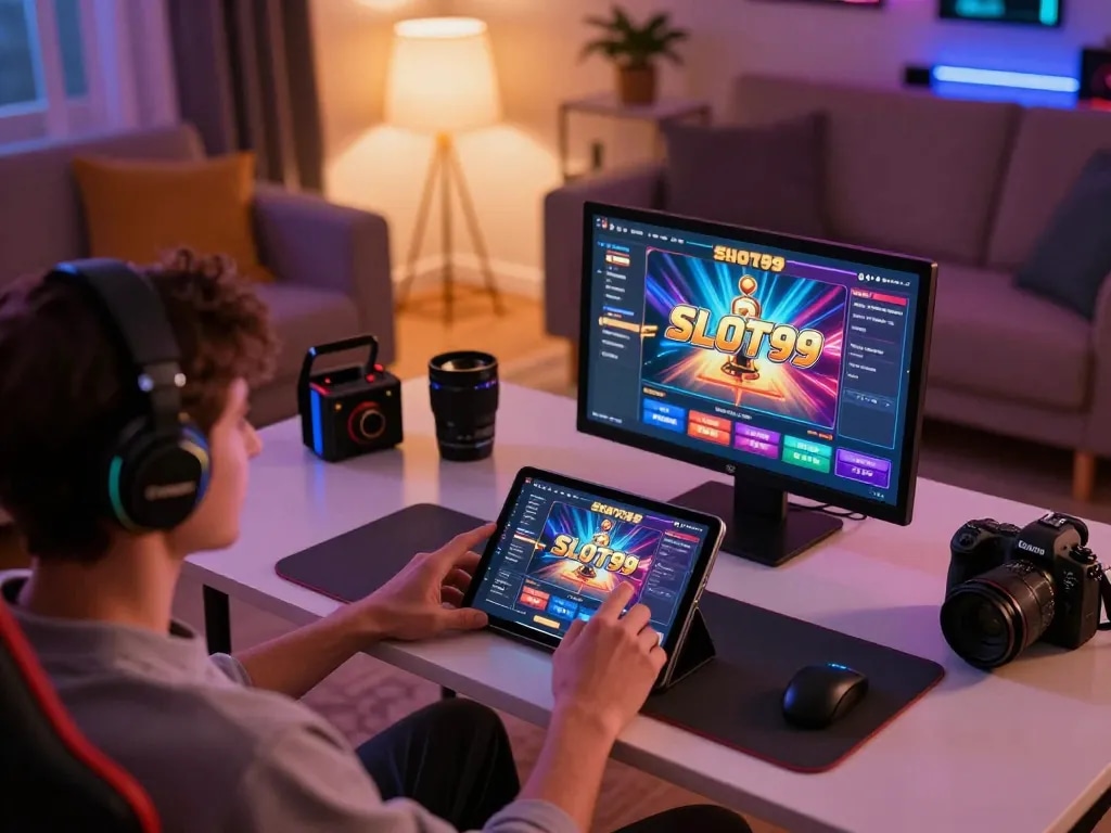 SLOT99 user excitedly interacting with online slots interface on a cozy gaming setup.