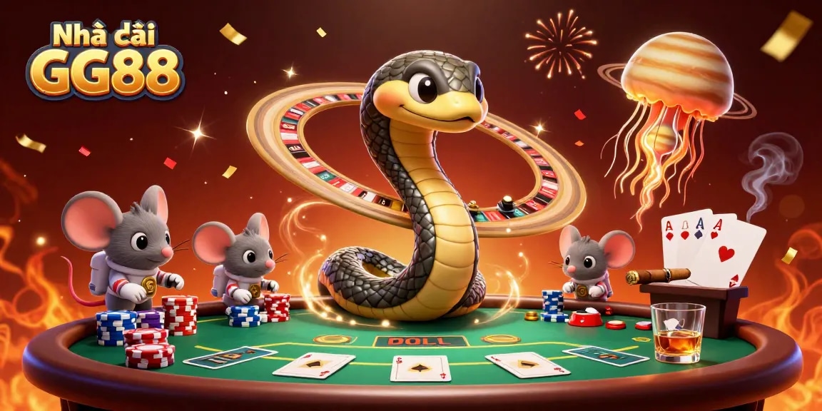 Engage with Nhà cái GG88, featuring a cosmic dealer and astronaut mice betting on a roulette wheel of rings.