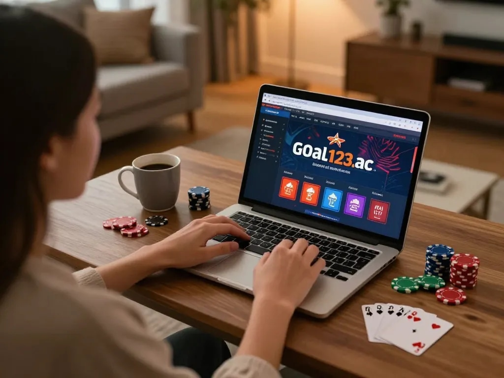 Engaging in online casino gaming at goal123.ac with cards and chips during a cozy evening