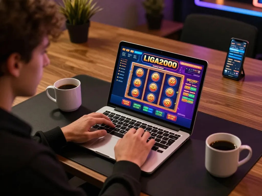LIGA2000 online gaming session showing player engaged with laptop interface in a cozy modern setting