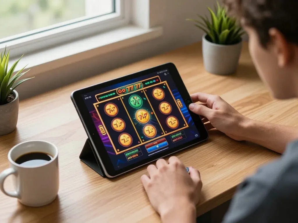 Enjoying slot gacor 777 gameplay on a tablet, surrounded by a cozy online gaming atmosphere.