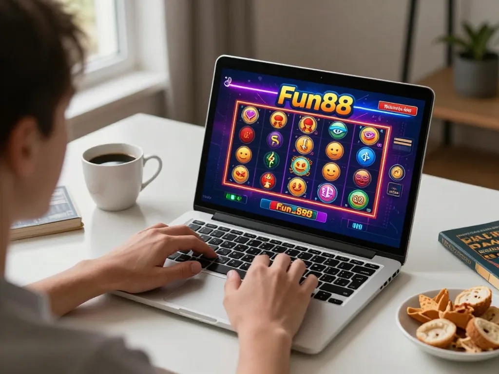 Playing Fun88 online slots on a cozy desk setup with a laptop and snacks.