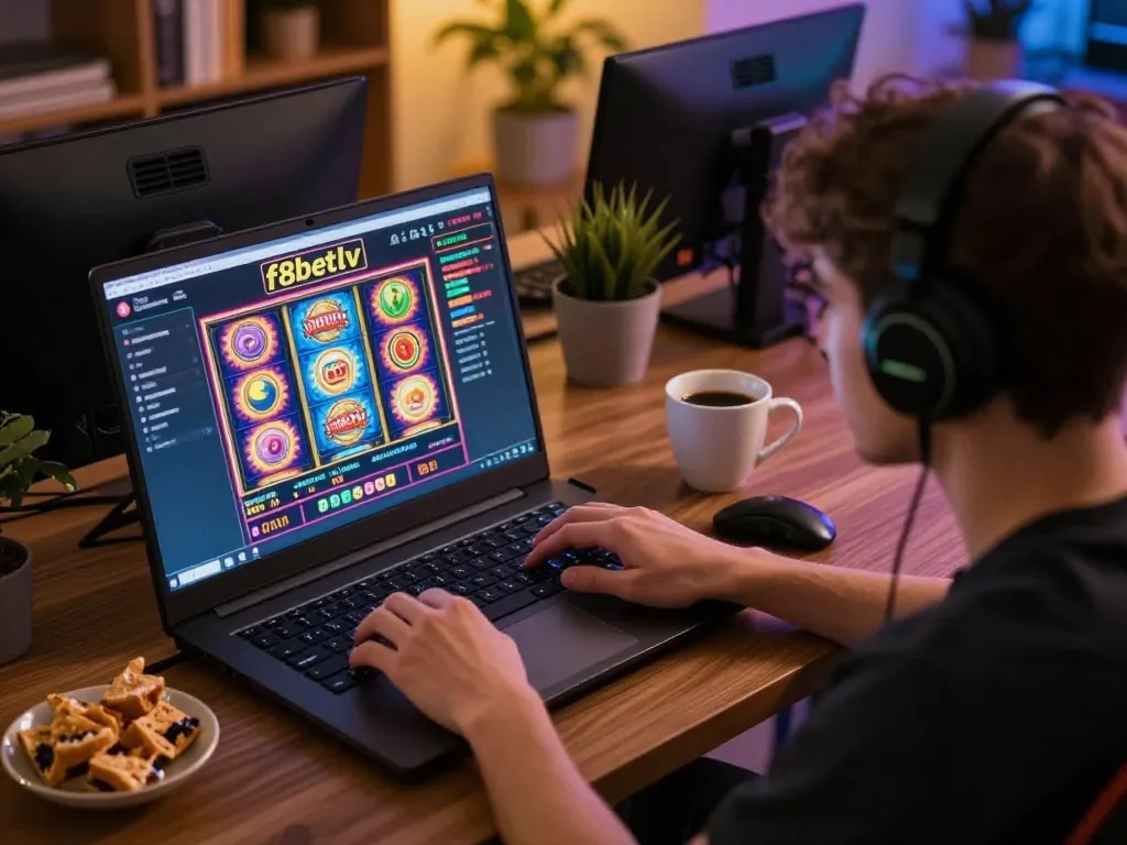 Engaging in f8betlv online gameplay at home, showcasing laptop interface with colorful slots.
