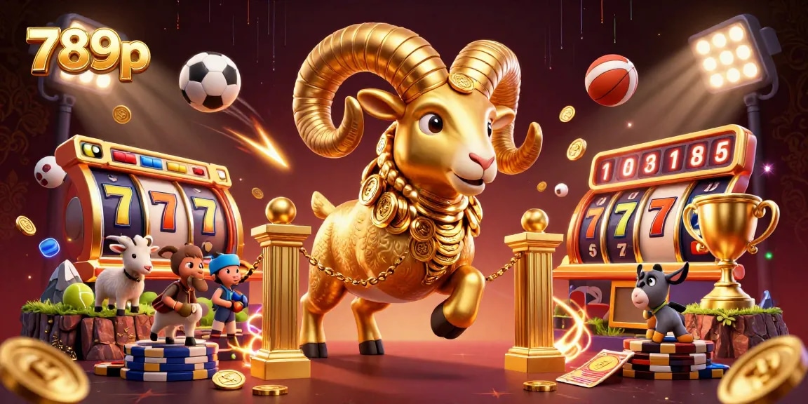 Engage with 789p casino dynamic action featuring a golden ram charging through a vibrant gaming scene.