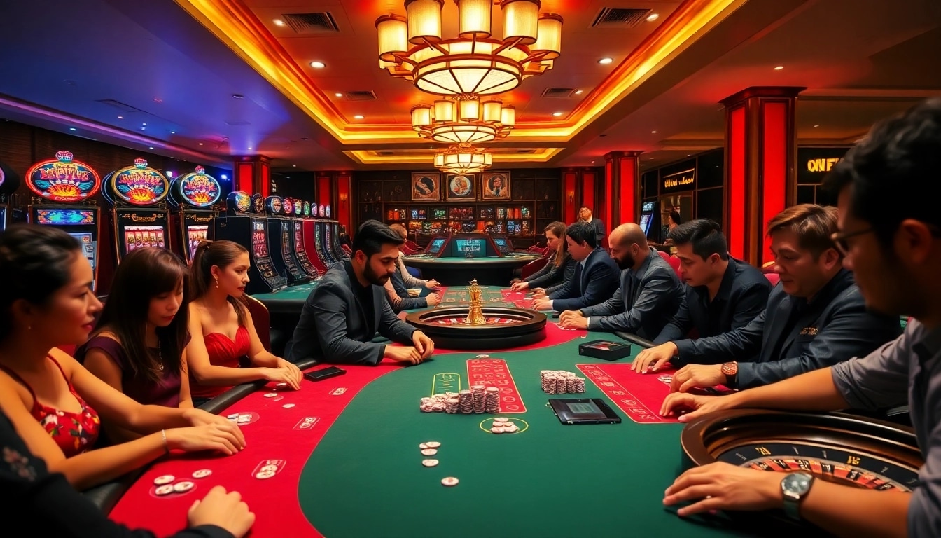 F8BET players enjoying high-stakes poker at a vibrant casino table with chips and cards.