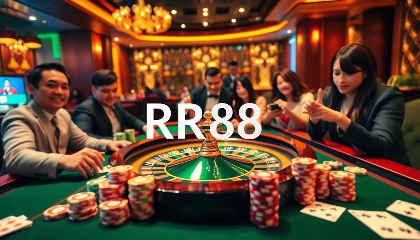 Players enjoying a thrilling gaming experience at RR88 online casino with poker chips and roulette.