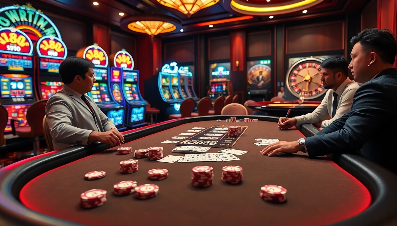KONG88 players strategizing over a luxurious poker table surrounded by vibrant casino elements.
