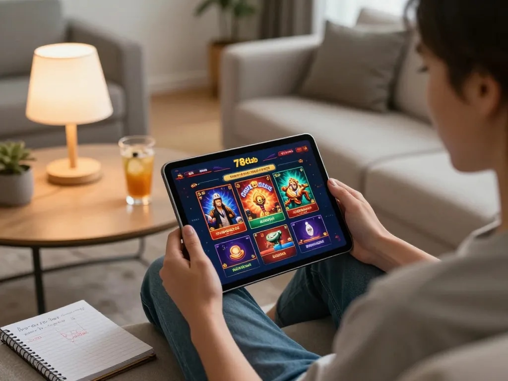 Engaging with the 789club platform on a tablet in a cozy home setting, showcasing online gaming.