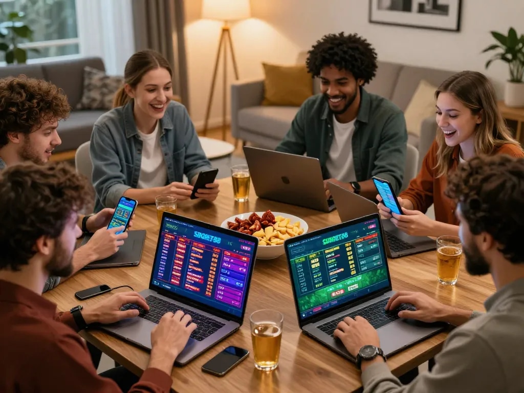 SBOBET88 online betting excitement with players engaging around laptops in a lively home setting.
