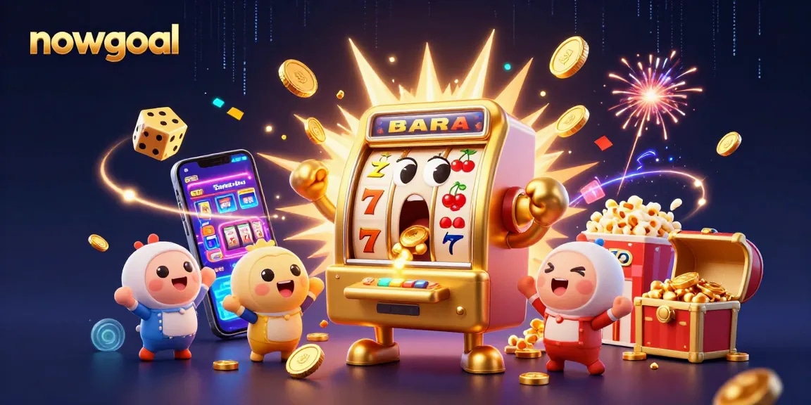 Engage with nowgoal's dynamic slots scene featuring a golden slot machine celebrating a jackpot amidst exploding coins and cheers.