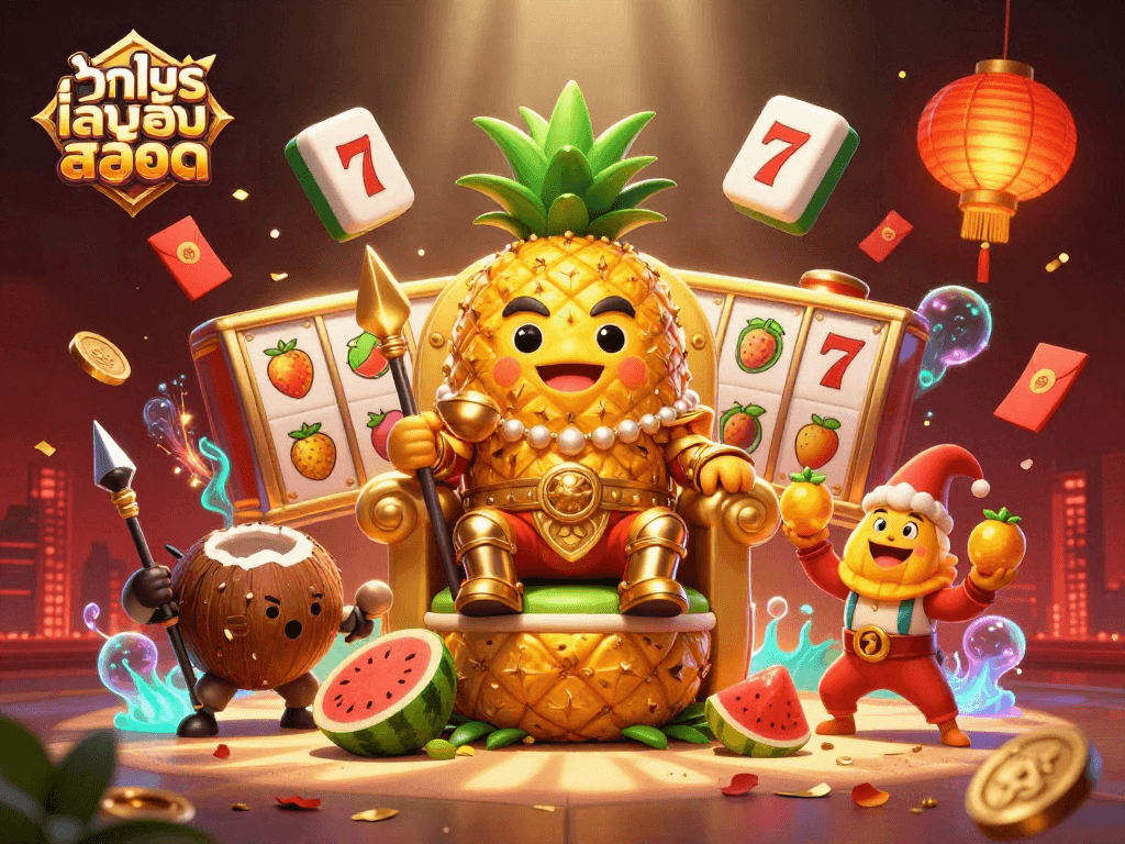 Experience ทดลองเล่นสล็อต with a vibrant pineapple king and lively casino elements in this dynamic illustration.