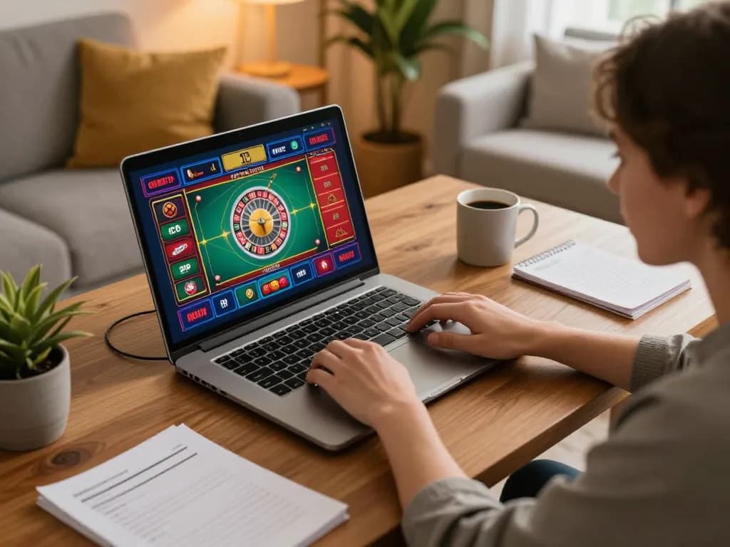 Player engaging in virtual roulette game on laptop with TA88 strategies in a cozy setting