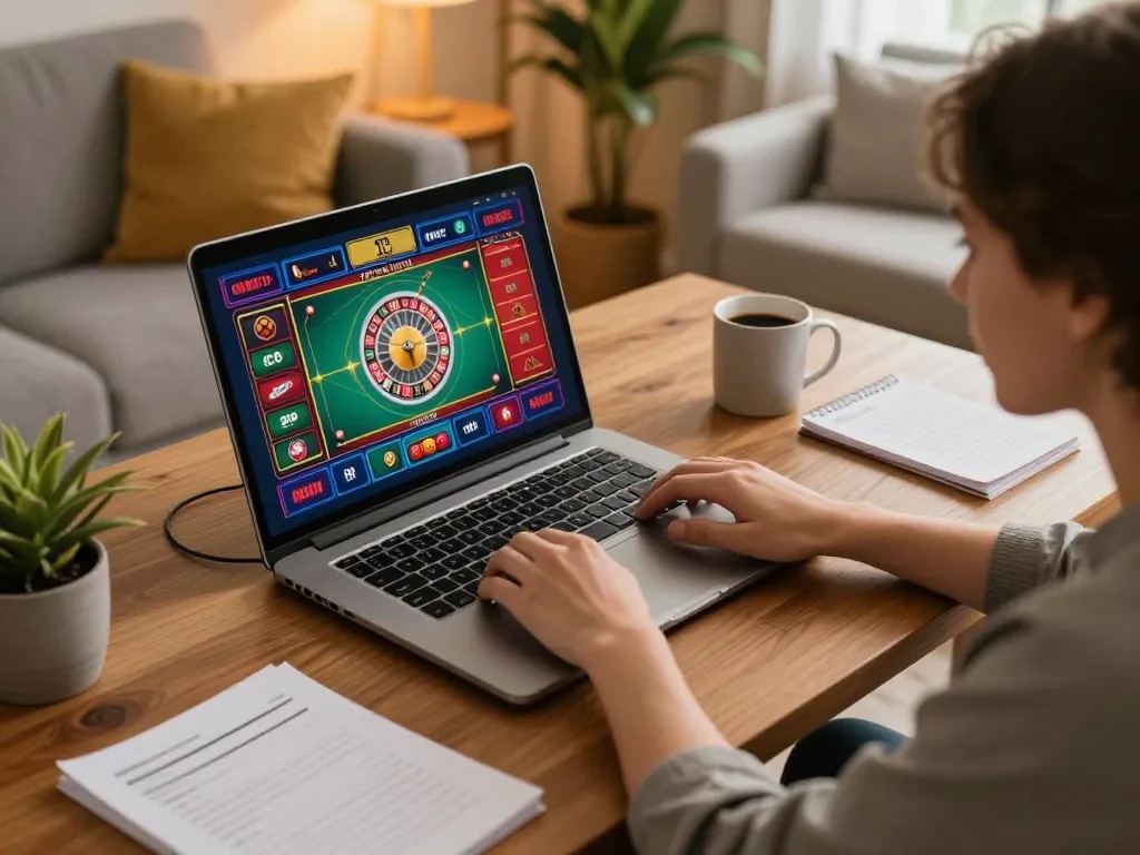 Player engaging in virtual roulette game on laptop with TA88 strategies in a cozy setting