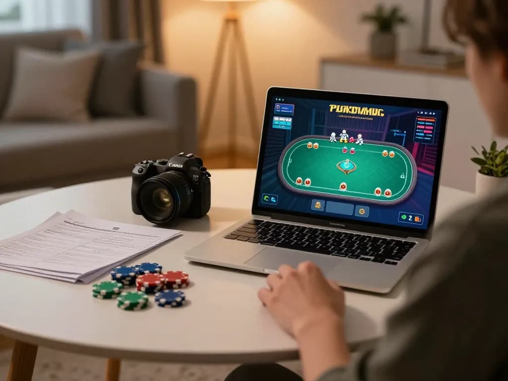 Engaged player enjoying online poker on a laptop while tracking strategies, featuring MM88.