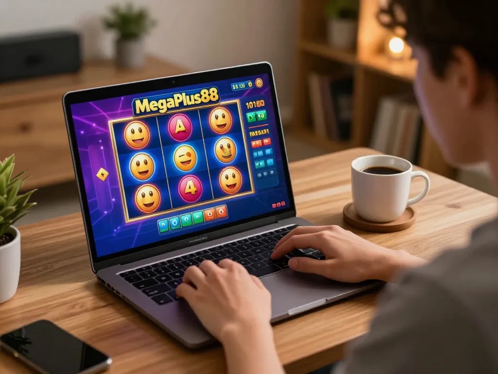 Engaging player enjoying MegaPlus88 online casino game at home with warm atmosphere