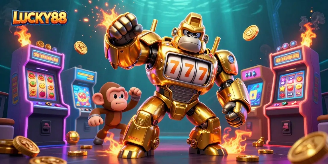 Experience the thrill of LUCKY88 with a dynamic 3D illustration featuring a golden gorilla mech and arcade elements.