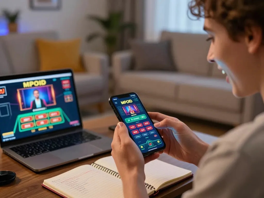 Engaging MPOID gameplay as a user joyfully interacts with the casino app on their smartphone in a cozy home setting.
