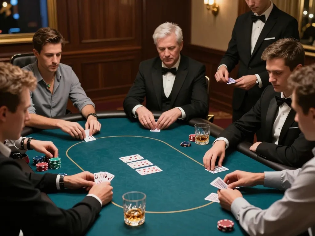 Players engaged in strategic poker gameplay at OKFUN table with focus and sharp atmosphere.