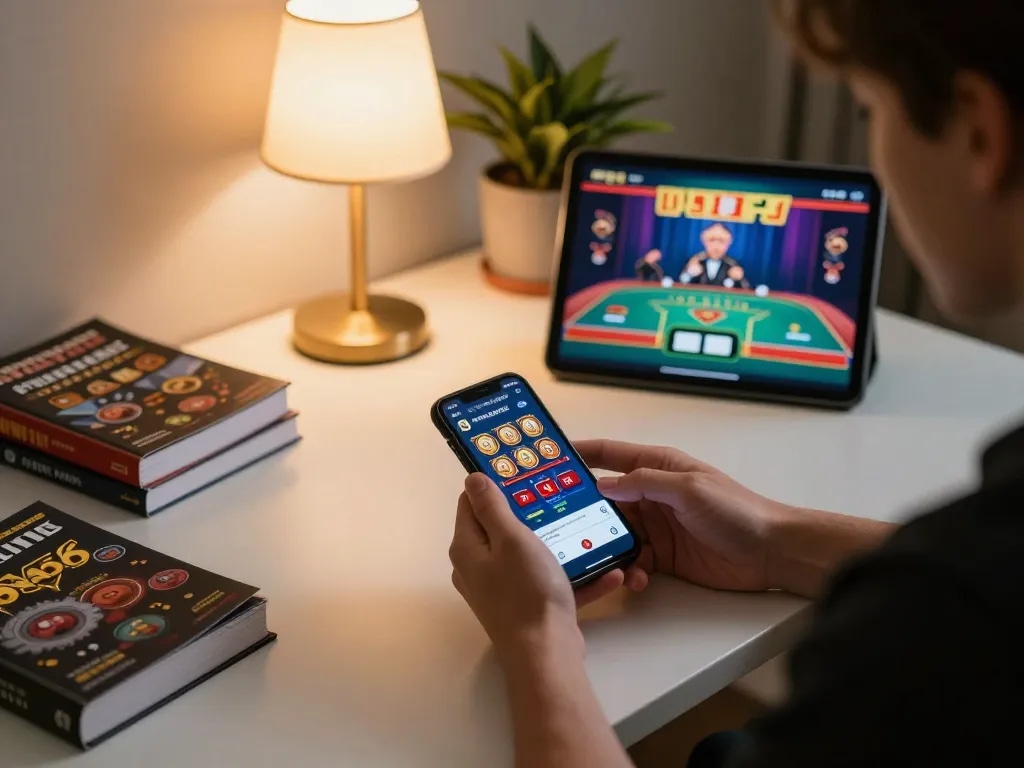 Engaging with the 98win casino app on smartphone highlights strategic online gambling at home.