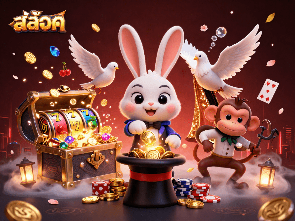 Experience สล็อต excitement with a magician rabbit conjuring coins, slot reels, and playful characters in a vibrant scene.