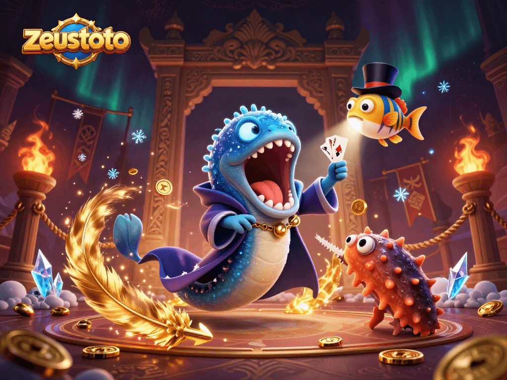Engage with zeustoto in a vibrant casino-themed digital illustration featuring magical sea creatures.
