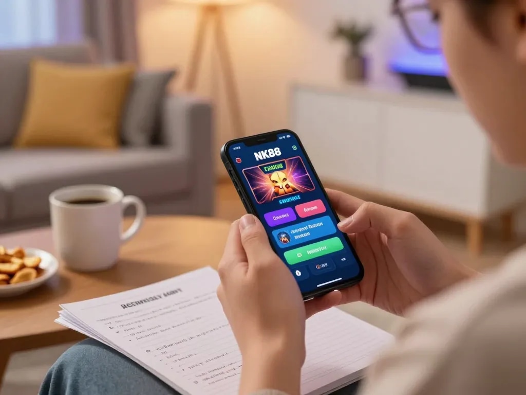 Engaged player using NK88 app for mobile gaming in cozy living room environment.