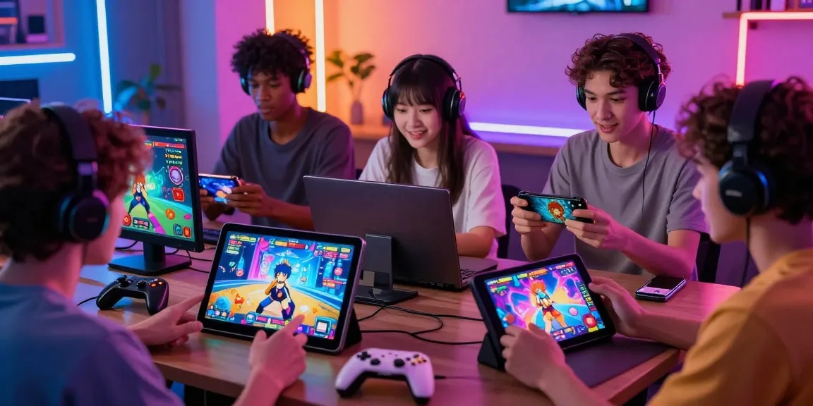 Engaging scene showcasing popular hentai games with vibrant characters and devices.