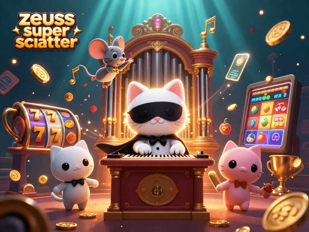 Experience zeus super scatter excitement with dynamic slot reels and characters in a captivating casino scene.