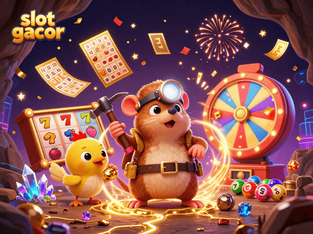 Experience the thrill of slot gacor with a treasure hunter mole amidst colorful casino elements.