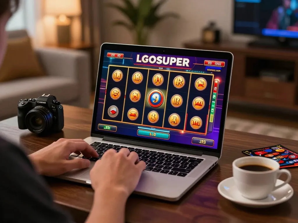 Player enjoying LGOSUPER slots gameplay on a laptop in a cozy home setting with inviting decor.