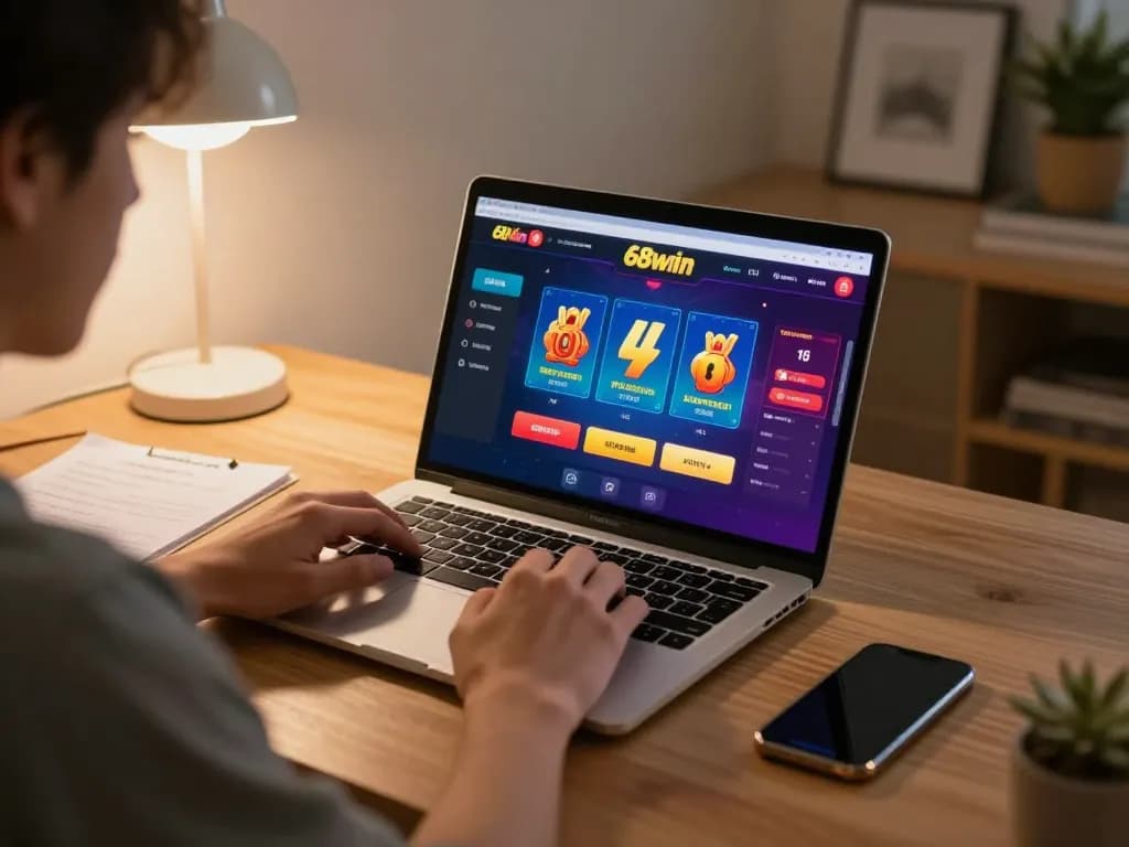 Player strategizing on 68win's online platform in a cozy home office environment