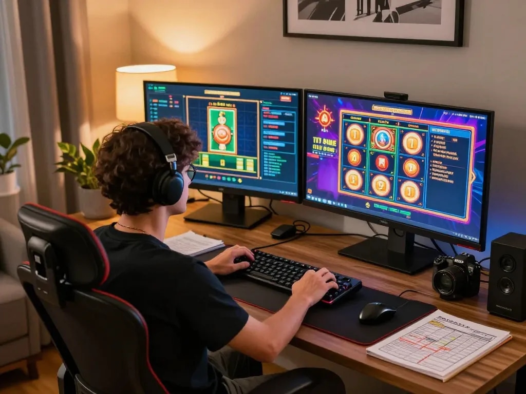 Player enjoying situs slot game on a tablet while analyzing strategies at a home office desk