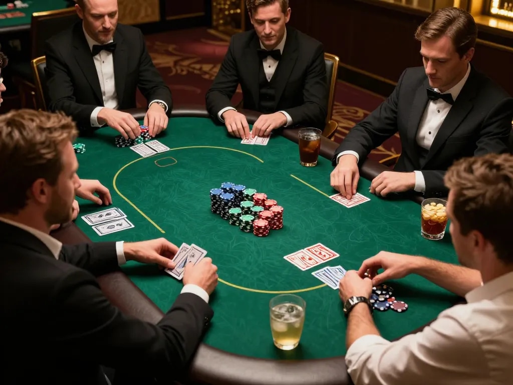 WIN4U players strategizing during an upscale poker game illuminated with golden lighting.
