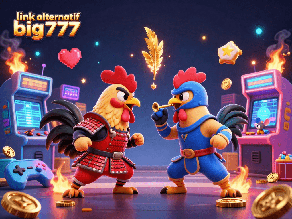 Engage in thrilling action with link alternatif big777 in a vibrant 3D fighting arena featuring animated roosters and gaming elements.
