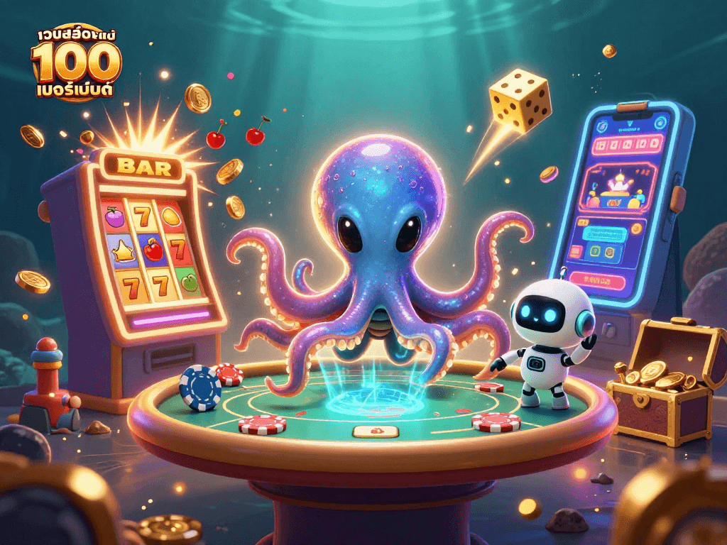 Experience thrilling gameplay with เว็บสล็อต แท้ 100 เปอร์เซ็นต์, where a vibrant alien octopus operates a holographic poker table amidst a jackpot explosion.