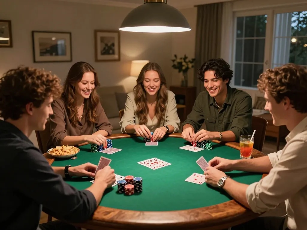 Friends engaging in a thrilling poker night at home, showcasing strategic gameplay with LC88 cards and chips.