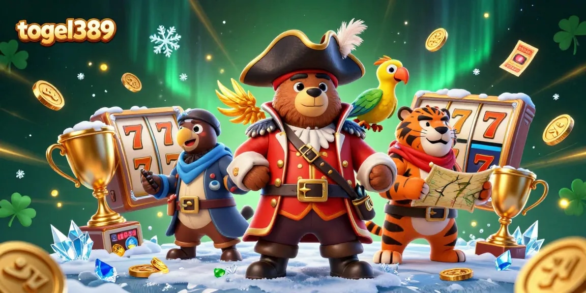 Togel389 players enjoying slot wins with pirate characters and mystical elements in a vibrant casino scene.