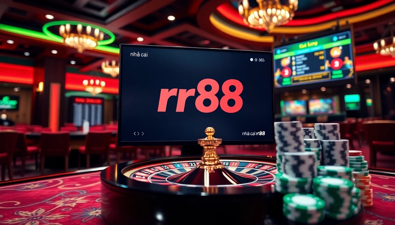 An exciting scene of online gambling at nhà cái rr88 featuring vibrant casino elements like a roulette wheel and poker chips.