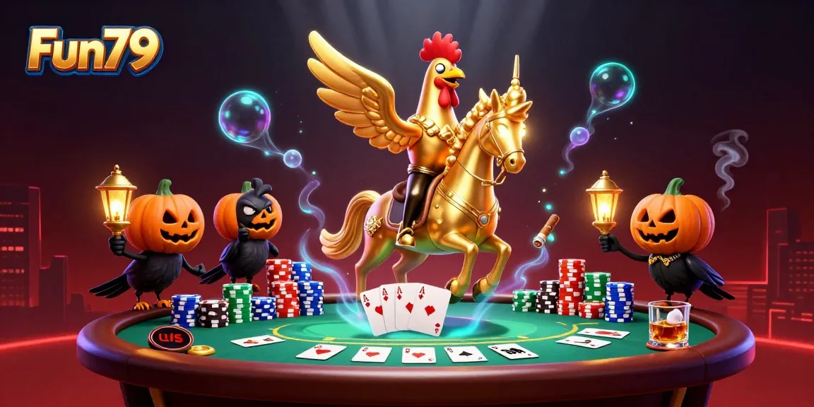 Experience thrilling gameplay at Fun79 with a golden rooster riding a spectral horse in a vibrant casino scene.