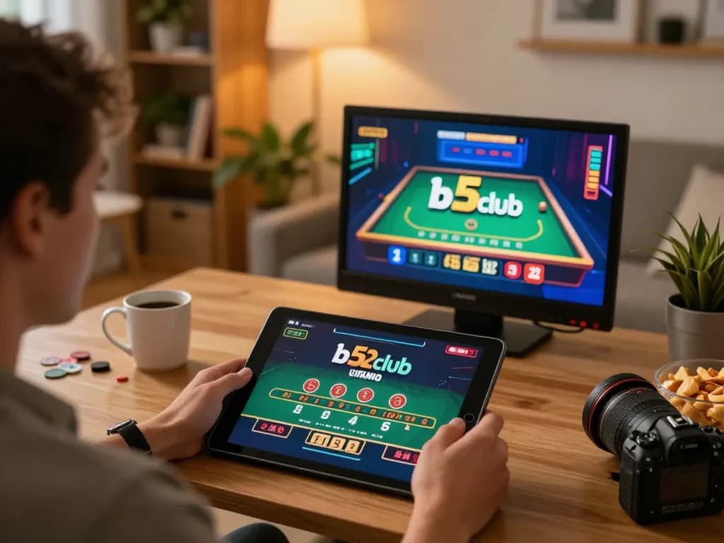 Player engaging with b52club's online casino game on a tablet in a cozy home setting.